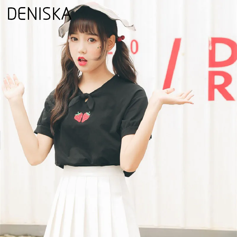 Harajuku Kawaii Клубника Вышивка Лук Хлопка Майка Женщины Сладкий Уличная Коротким