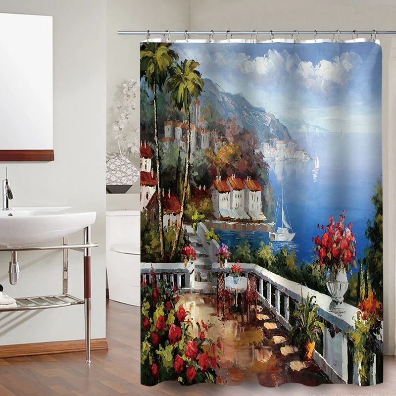 FOKUSENT High Quality Print Beautiful Seaside Town and Flowers Garden Polyester Fabric Bathroom Waterproof 3D Shower Curtains | Дом и сад
