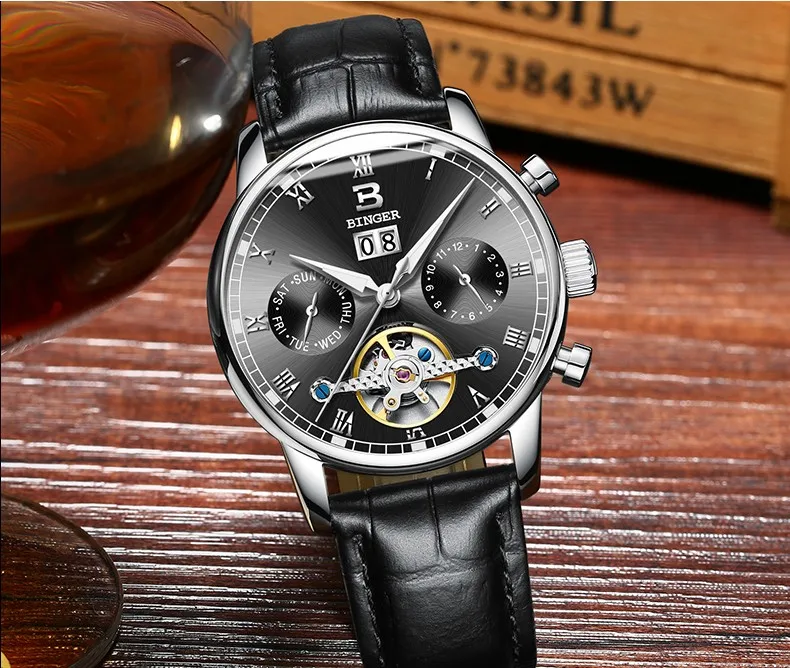 Швейцарские Бингер мужские часы люксовый бренд Tourbillon fulll из нержавеющей стали водонепроницаемые механические наручные часы B-8604-6