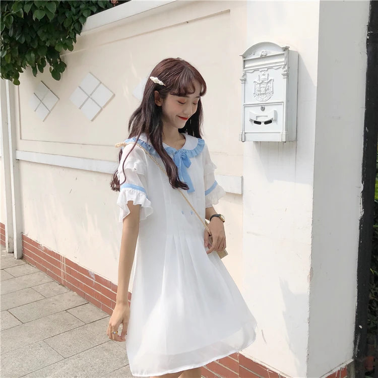 Японский Harajuku женское белое шифоновое платье Kawaii с воротником Питер Пэн в