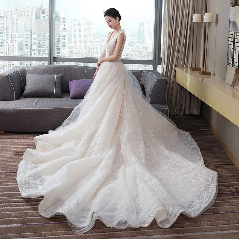 Свадебное платье с глубоким v-образным вырезом Vestido De Noiva Princesa фатиновое кружевное