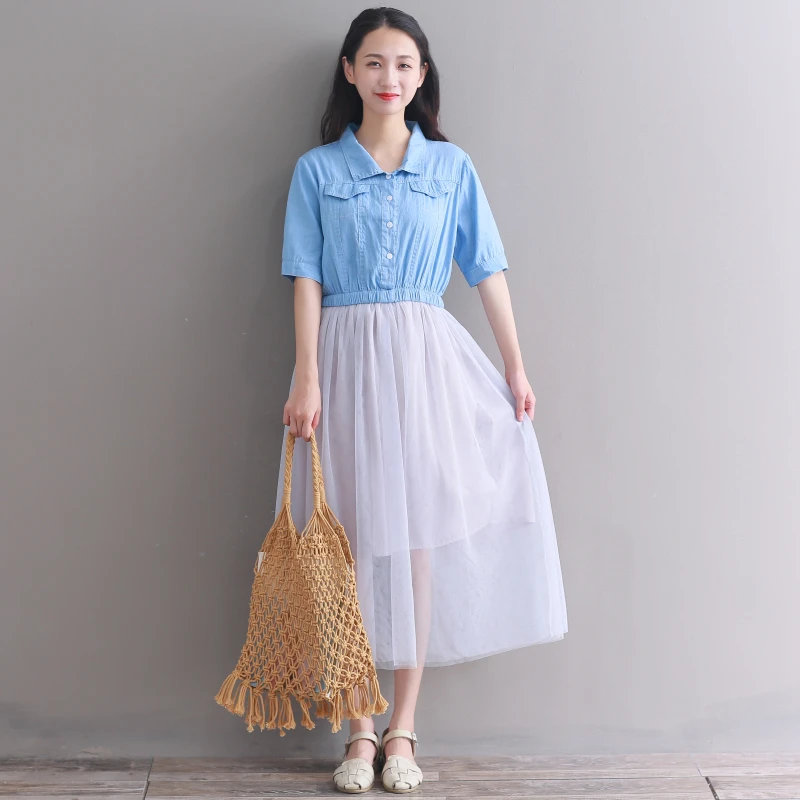 2018 latest fashion women denim vintage dress short sleeve casual mesh | Женская одежда