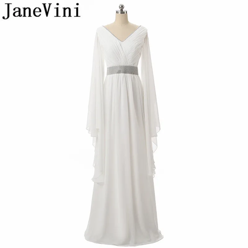 

JaneVini 2018 Sexy White Long Bridesmaid Dresses With Sleeves V Neck Pleat Beads Chiffon Backless Floor Length Vestiti Damigella