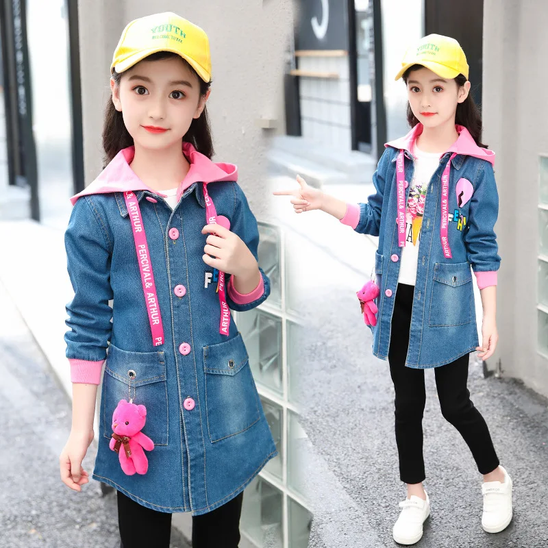 Girls Blue Jeans Jackets 2018 New Autumn Children Long Clothes Girl Kids Outerwear Coats Denim Sleeve Cartoon Jacket Hooded | Детская