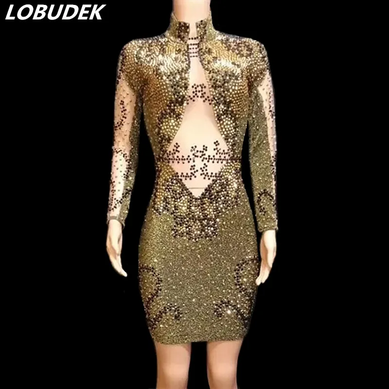 

Sparkly Rhinestones Vintage Dress Long Sleeve Gold Silk Fabric Short Dress Bar Nightclub Concert Female Singer Dancer Costume