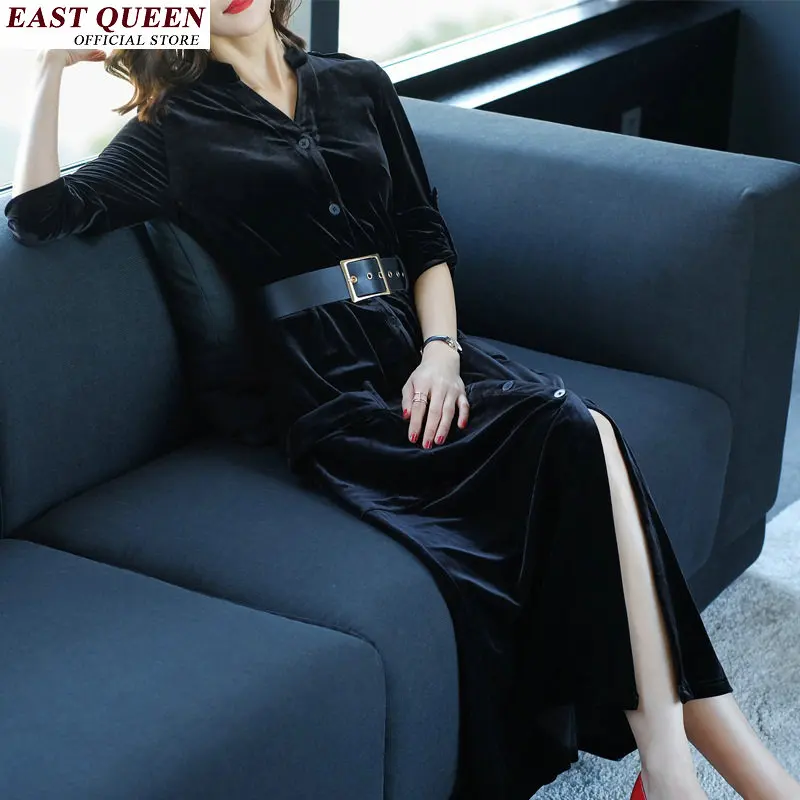 

Business split clothes autumn dresses women 2018 office dresses for women black ladies dinner social midi dress with belt FF002