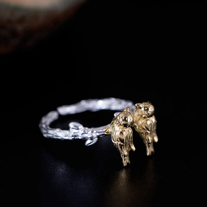 Серебро 925 пробы AAA циркон ветка дерева двойное кольцо с птицей и цветком Золотые