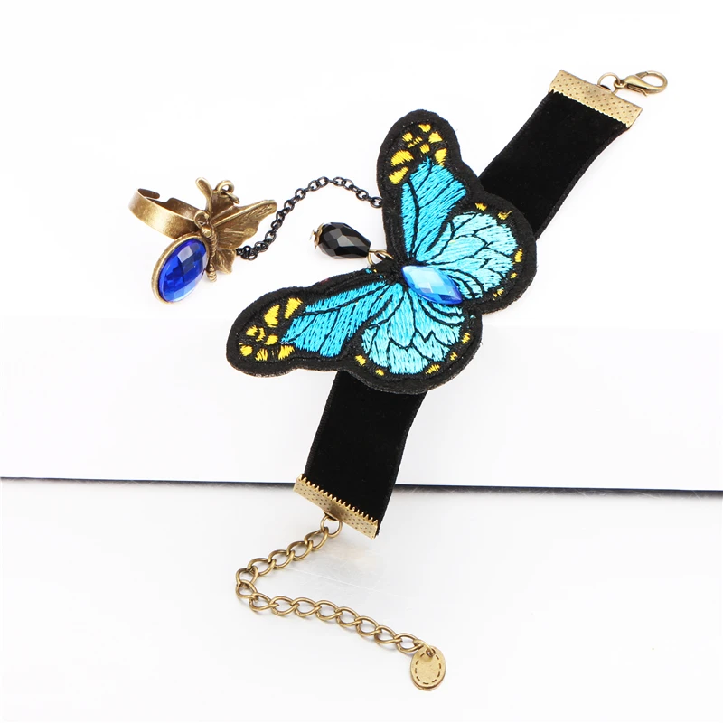 SOHOT Handmade Embroidery Butterfly Bracelets Rings Trendy Jewelry Set Crystal Cotton Antique Chain Party Accessories Women Gift | Украшения