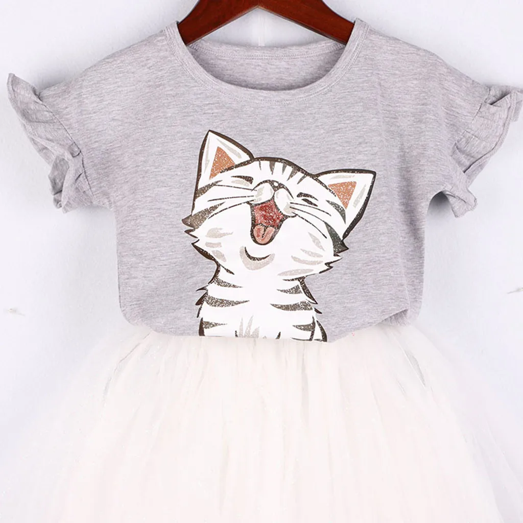 Toddler Kid Baby Girls Outfits Clothes Cute Cat Printed T-shirt+Tutu Skirt Set 2019 NEW Drop Shipping |