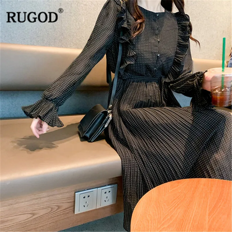 Женское длинное платье RUGOD вечернее в горошек с рукавами-фонариками и бусинами на