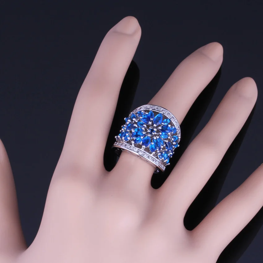 Очень хороший огромный темно-синий фианит Белый CZ Кольцо из стерлингового