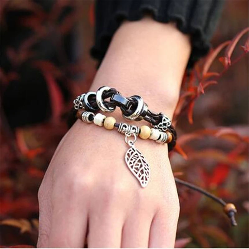 Модный Многослойный кожаный браслет серебряный цвет амулеты с листьями бусы