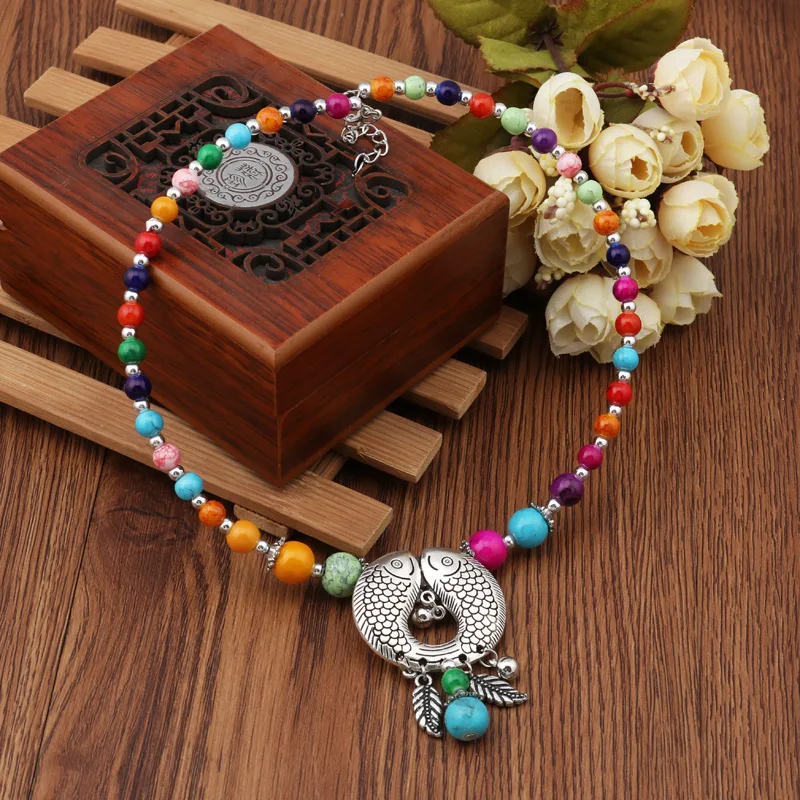 Btuamb Bohemian Natural Stone Beads Leaves Tassel Necklaces for Women Jewelry Vintage Double Fish Bib Bar Chain Bijoux | Украшения и