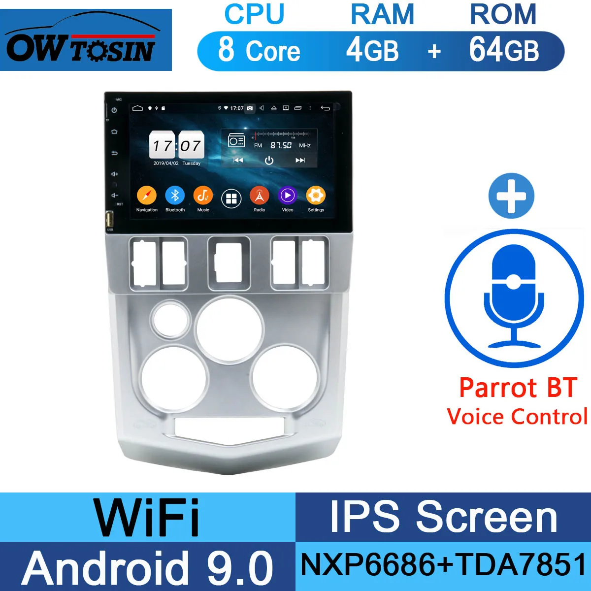 1920*1080 " ips 8Core 4+ 64G Android 9,0 Автомобильный мультимедийный плеер gps Радио для RENAULT Logan Tondar 90 DACIA Logan NISSAN Aprio - Цвет: 64G Parrot BT