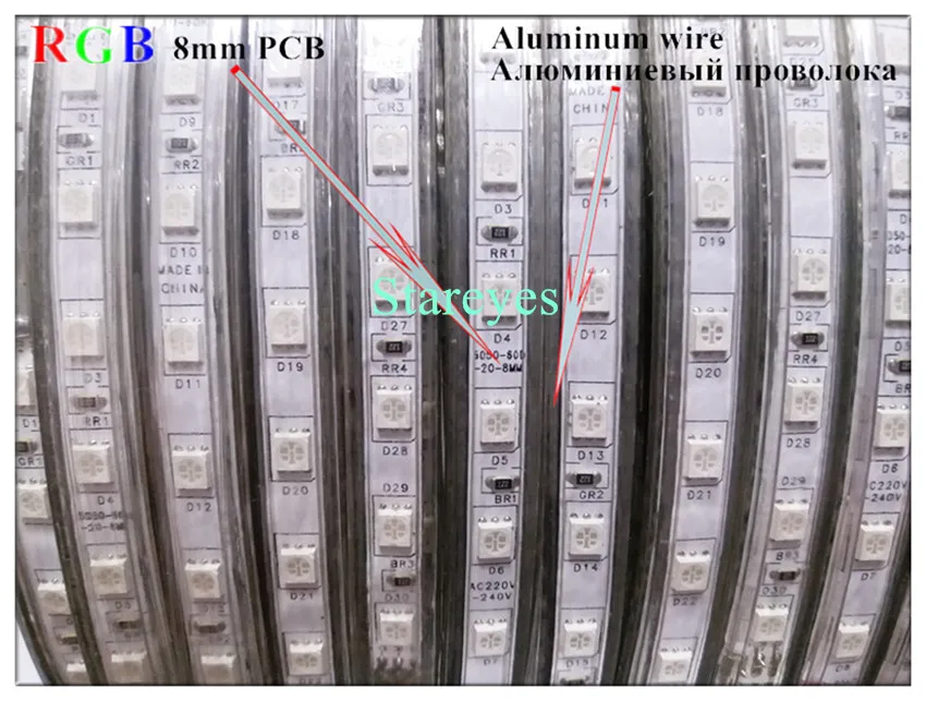 50 рулонов 5000 м 220 В 5050 SMD 60 светодиодный/м 8 мм PCB IP67 Водонепроницаемый светодиодный светильник гибкая лента RGB одноцветная лента