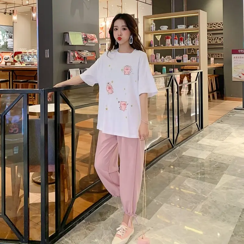 Модная летняя одежда для беременных женщин из хлопка и льна с принтом Футболка