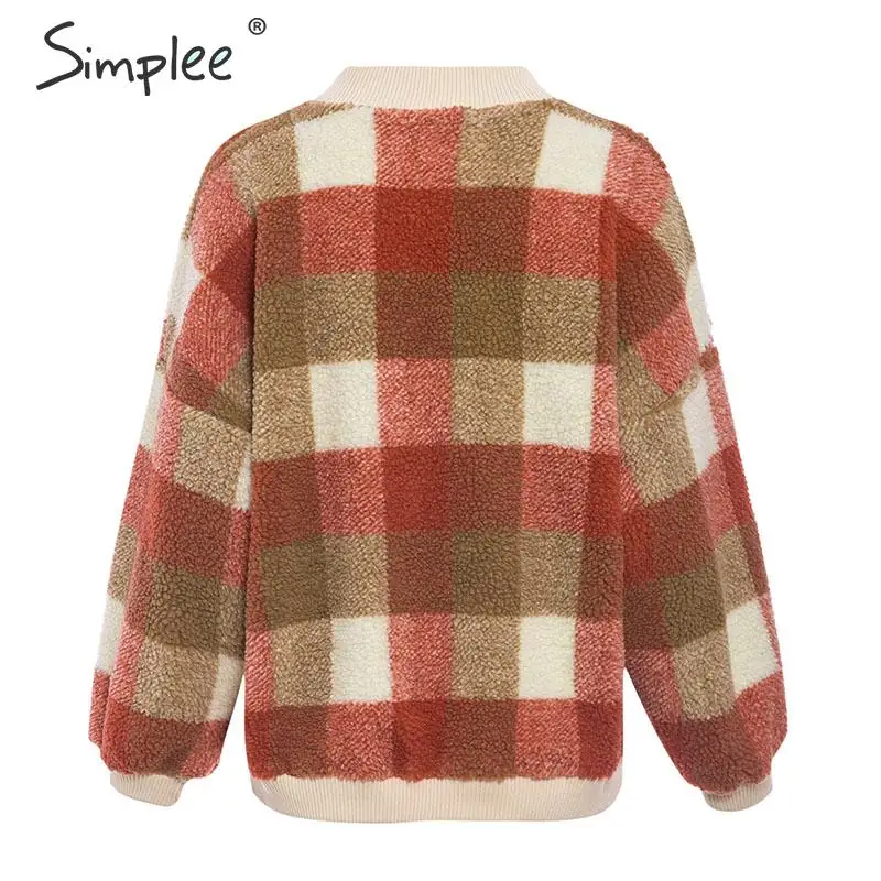 Simplee Casual lambswool plaid women hoodies sweatshirts O neck pullover loose female sweatshirt Autumn winter ladies warm coat