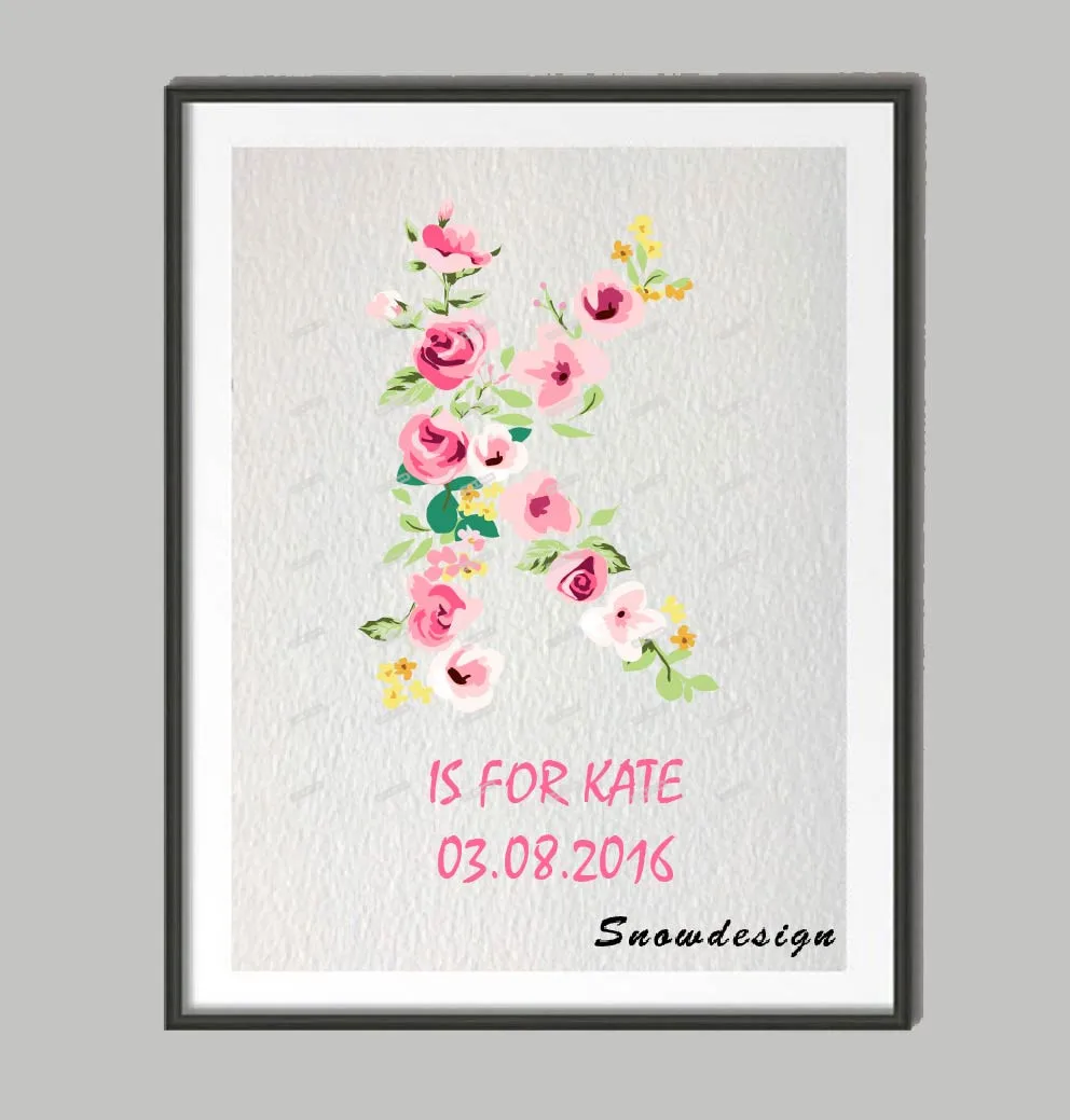 Алфавит H печать на заказ изначальное имя плакат Акварельная буквенная живопись