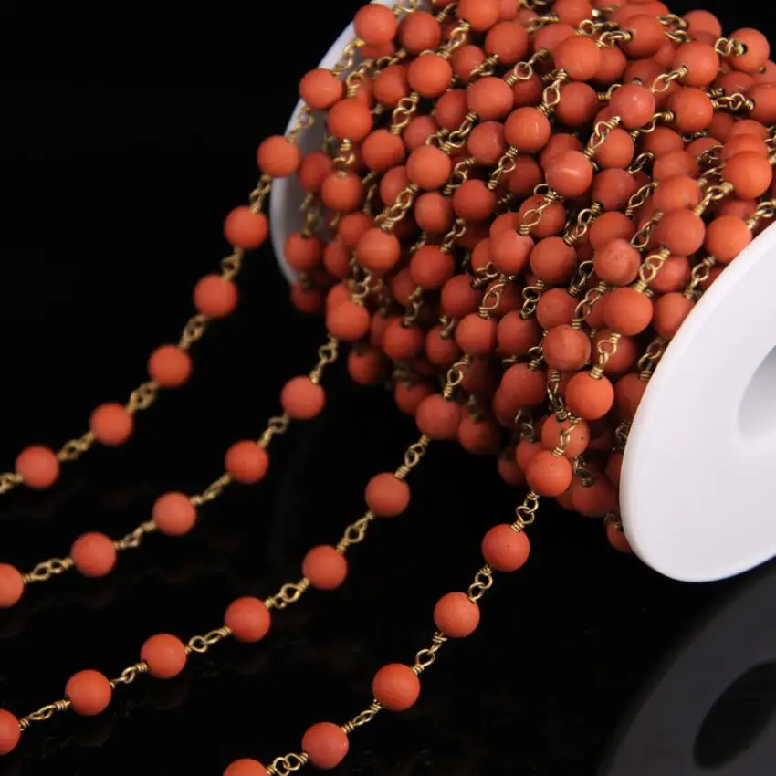 

6mm Matte Natural Red Jasper Round Bead Chain,Brass Wire Wrapped Red Stone Rosary Chain DIY Necklace bracelet Jewelry Wholesale