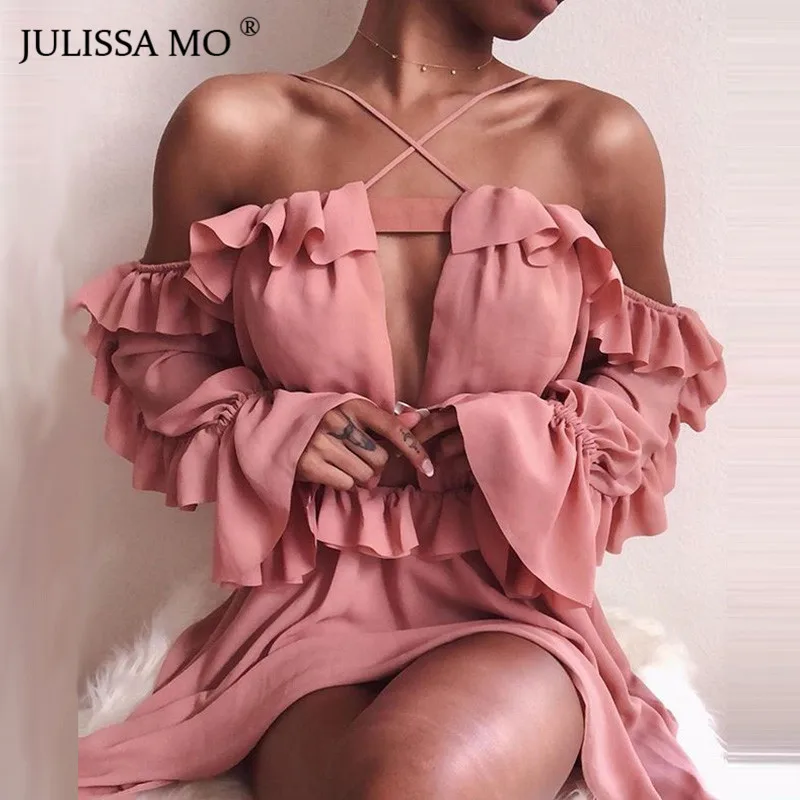 Julissa mo сатиновое элегантное женское платье с пышными рукавами, Осеннее облегающее мини-платье без бретелек, модные Клубные вечерние платья с оборками, короткие платья