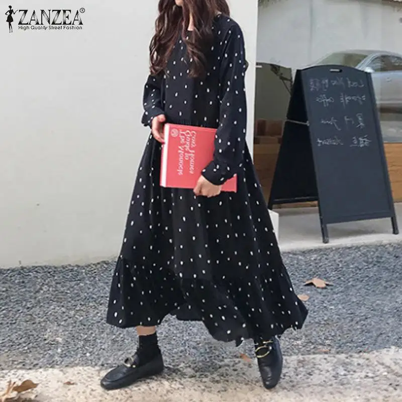 ZANZEA, Осеннее женское платье, макси, длинное, Vestidos, богемный, в горошек, с оборками, подол, летний сарафан, пляжное платье, Femme, Длинные рубашки