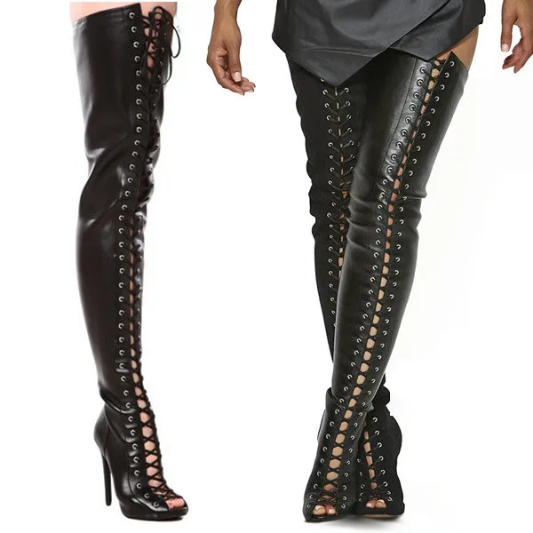 Женские кожаные сапоги выше колена черные облегающие с открытым носком на