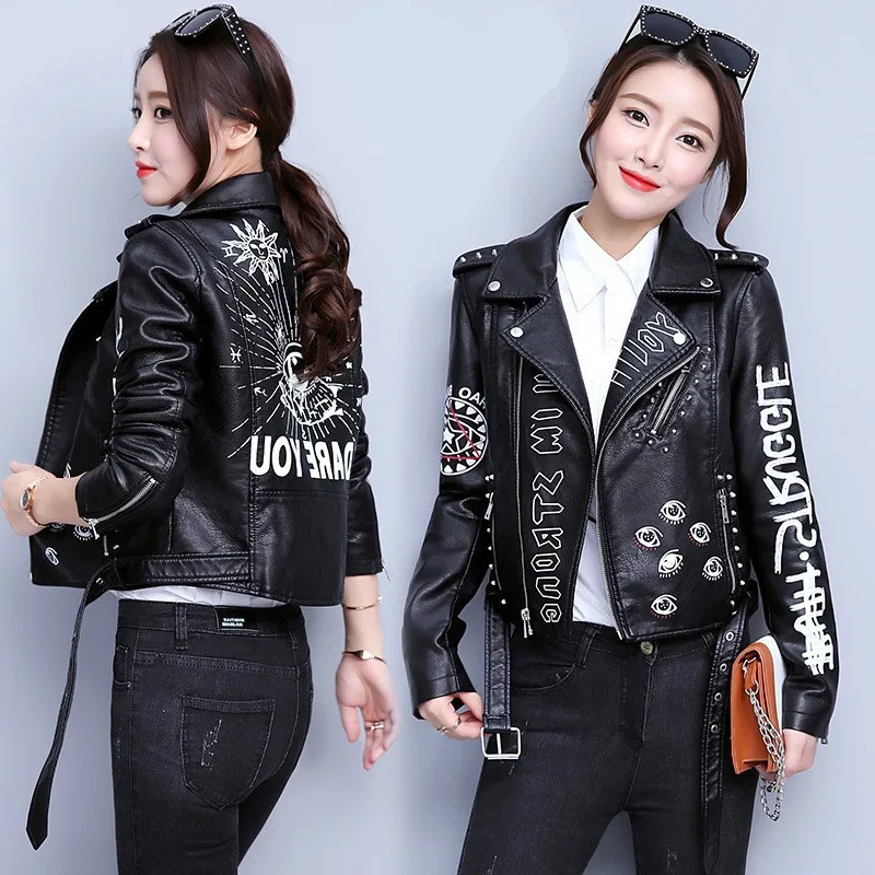 Куртка женская с принтом букв и заклепками из искусственной кожи | Женская одежда