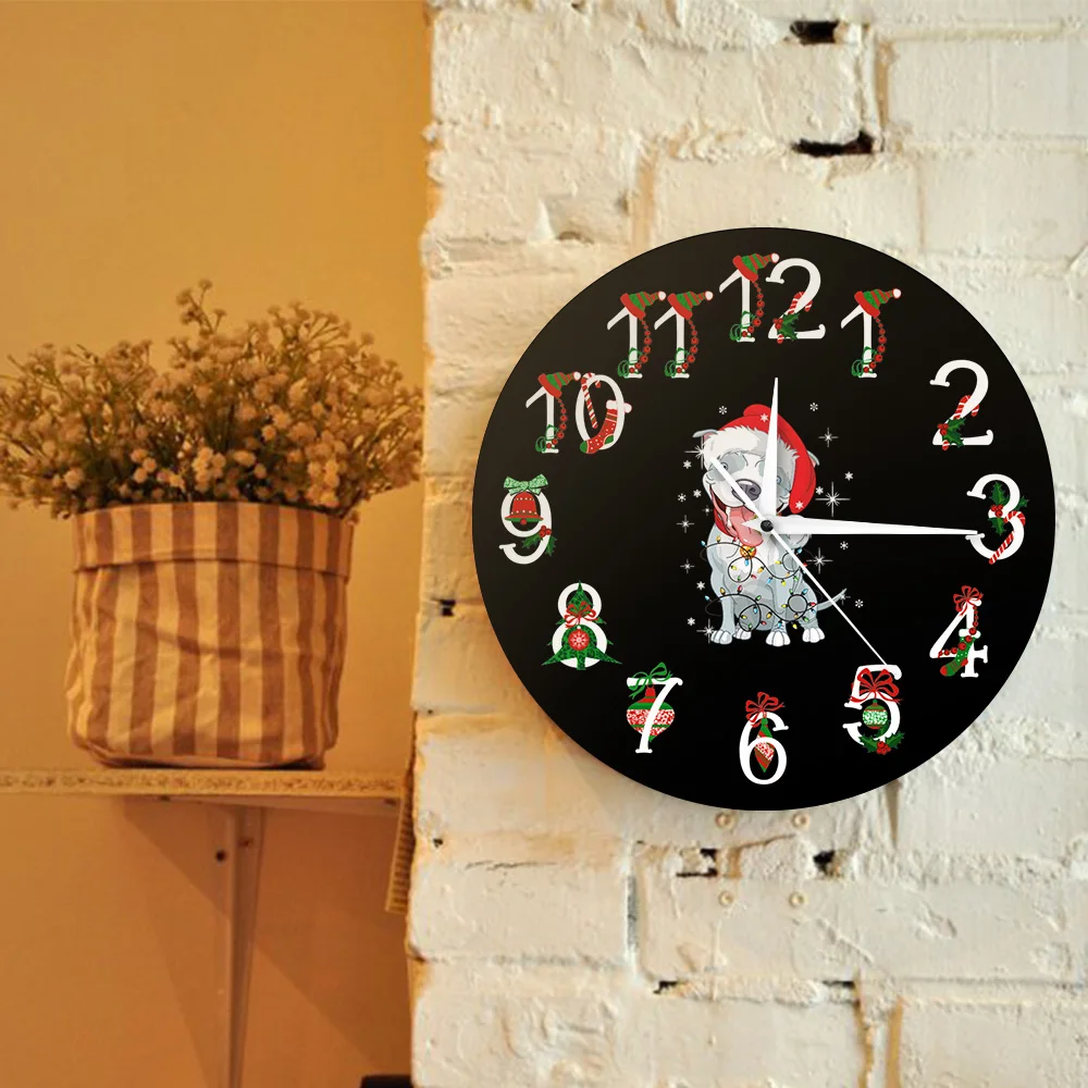 Рождественские настенные часы Pitbull Dog черные Висячие декоративные с щенком