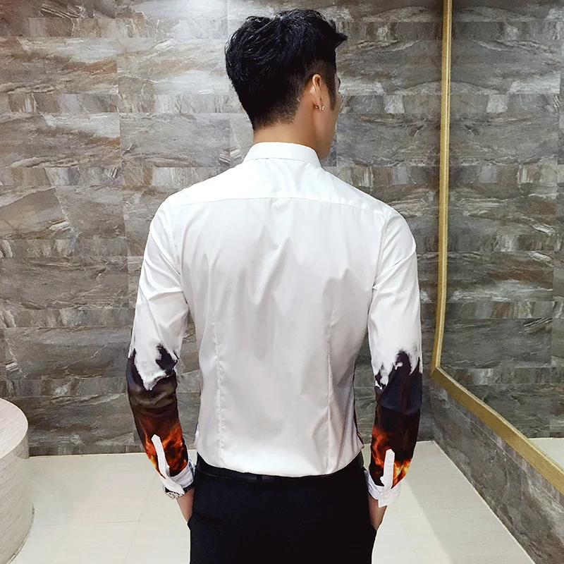 Мужская рубашка с длинным рукавом принтом в виде пламени|men long sleeve shirt|pattern shirtshirt
