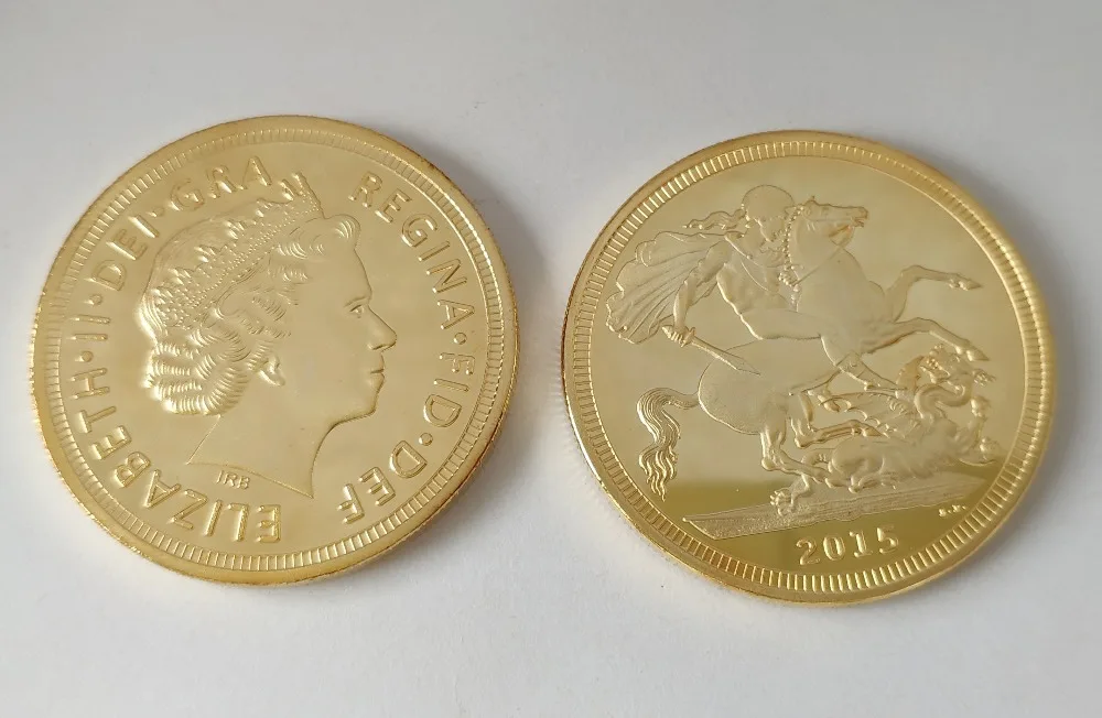 Британская монета соверен, 1 сувенирная монета. 999 Bullion Золотая круглая монета, позолоченные монеты 1 унций. 40*3 мм, 2 шт
