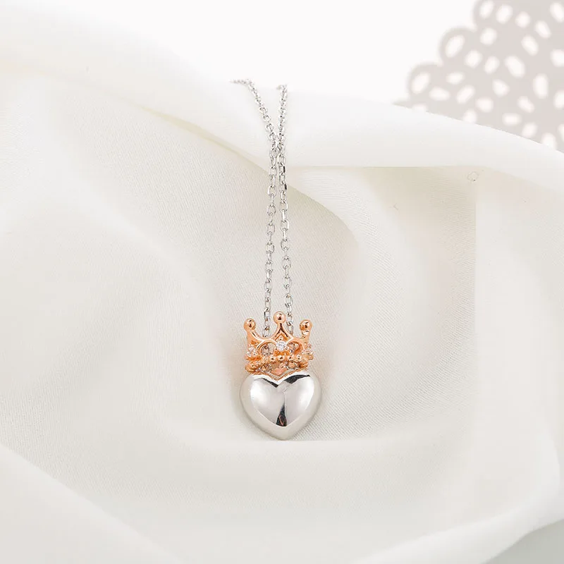 Женское ожерелье с подвеской в виде короны и сердца из серебра 925 пробы|necklace