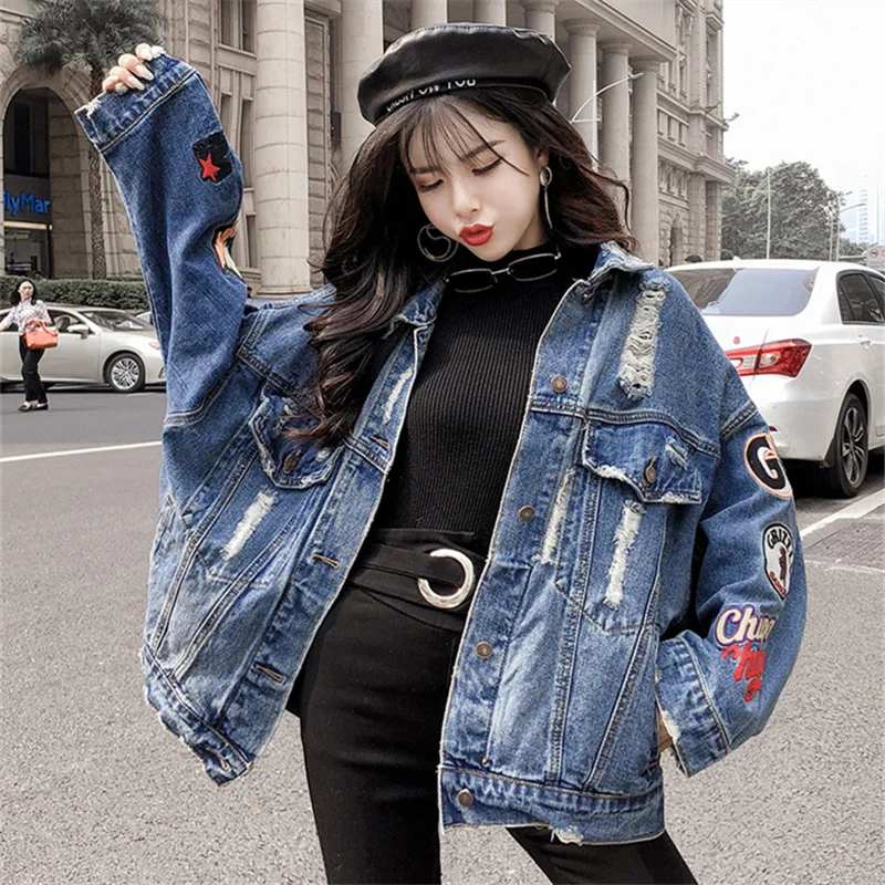 

Модная Свободная джинсовая куртка Harajuku с вышивкой и дырками, женская одежда, синяя Весенняя Свободная Повседневная Длинная Куртка