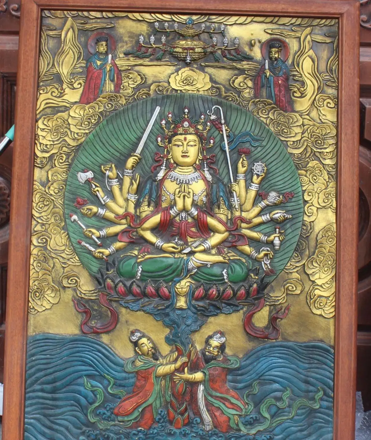 110 см тибетская деревянная бронзовая картина 1000 Arms Avalokiteshvara богиня Будда тангка