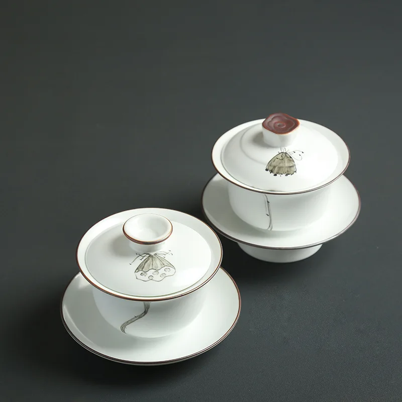 

High Quality Hand Painted Lotus Ceramic Porcelain Gaiwan Chinese Kung Fu Tea Set Teaware Tureen Sancai Tea Cup Pu'er Kettle
