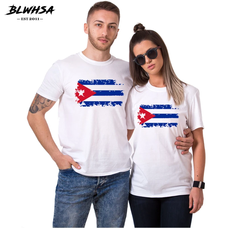 BLWHSA Lovers Couple Woman Cotton Cuba Flag Funny Print Couples Leisure Retro T-shirt Man Tshirt Short Sleeve O Neck T-shirt