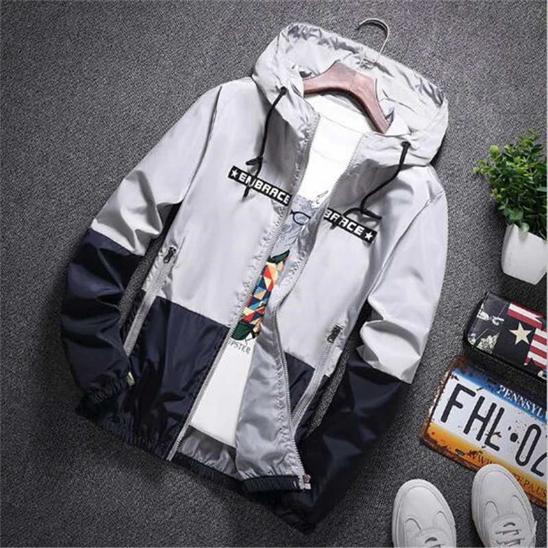 Uplzcoo Spring Autumn Bomber Hooded Jacket Men Casual Slim Patchwork Windbreaker Male Outwear Zipper Thin Coat 4XL JA270 | Мужская