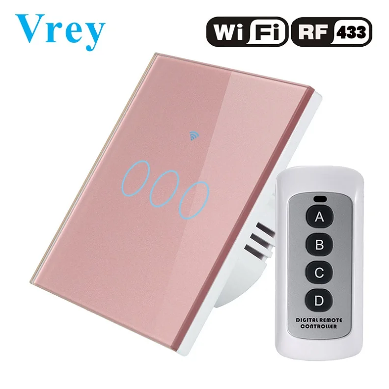 Сенсорный выключатель Vrey, умный светильник, настенный выключатель, wifi светильник, стандарт ЕС, работает с Alexa Google Home, 1way 3 банды - Цвет: VR-WIFI-03D Pink
