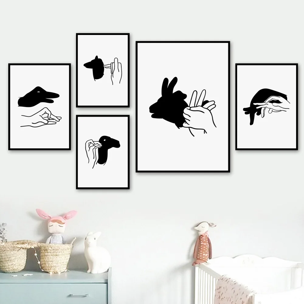 

Black White Hand Animal Shadow Rabbit Dog Eagle Print Nordic Poster Wall Art Canvas Painting Wall Pictures Baby Kids Room Decor