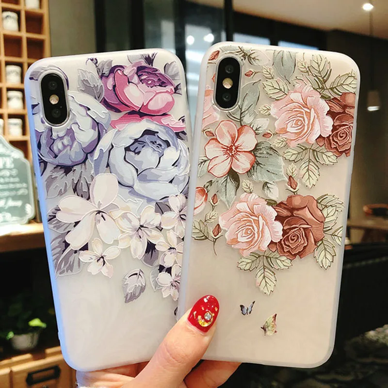 3D Relief Rose Flower Leaves Cases for iPhone X 6 6S Plus 5 5S SE Cover Soft TPU Silicone Phone Case For 7 8 Fundas |