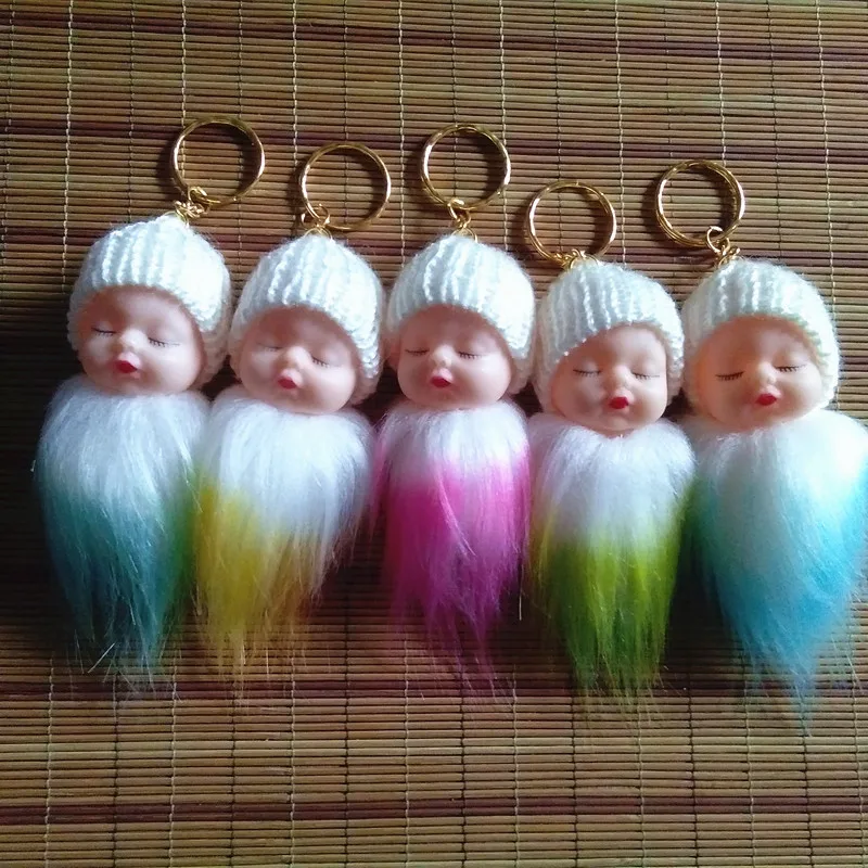 New Sky Blue Sleeping Baby Keychain Cute Cartoon Series Keyring Fake Fur pompons Handmade Crafts Party Gifts 12 pcs/lot | Украшения и
