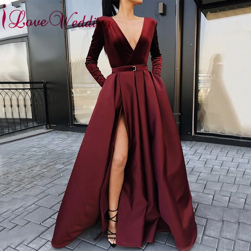 

New Arrival Sexy Deep V Neck Wine Red Satin Prom Dress Custom made Long Sleeves Side Split Formal Party Party Gown