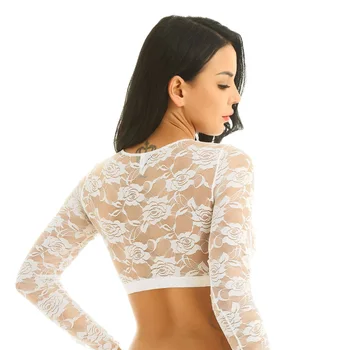 Womens Clothing Female Transparent Lace Crop Tops for Summer Cocktail Party See Through Sheer Crop Tops Short T-shirt 4