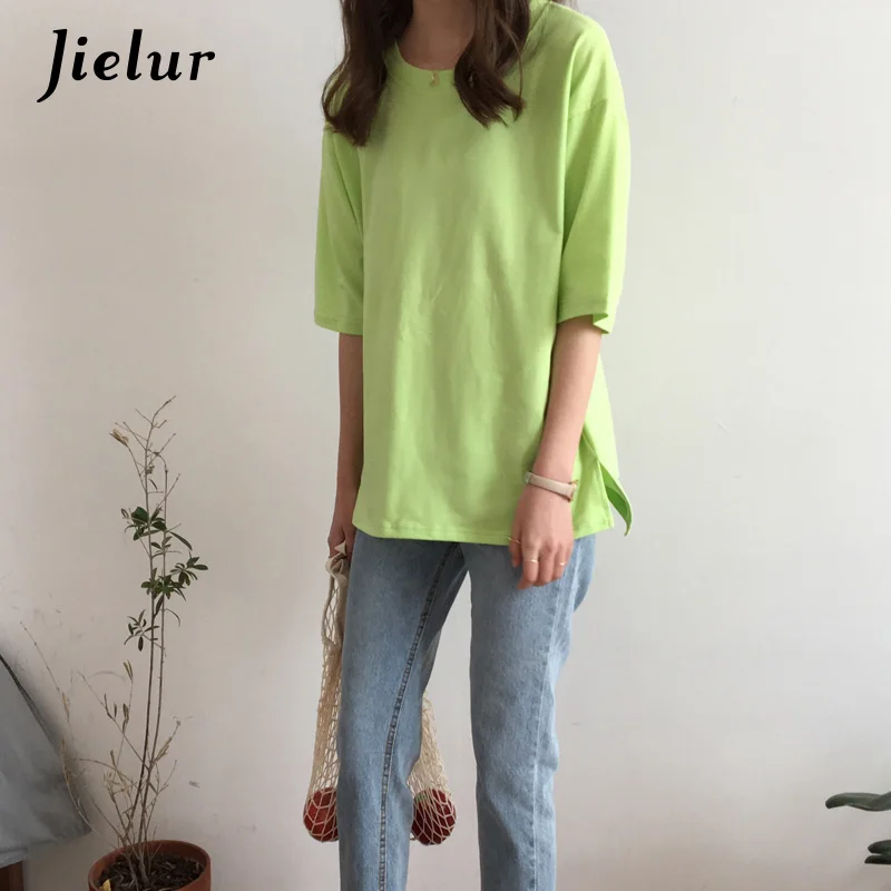 Зеленый Jielur 10 карамельных цвет одноцветная Корейская футболка для женщин тонкие футболки Харадзюку женские свободные белые футболки летняя Прямая поставка футболки женские - Цвет: Зеленый