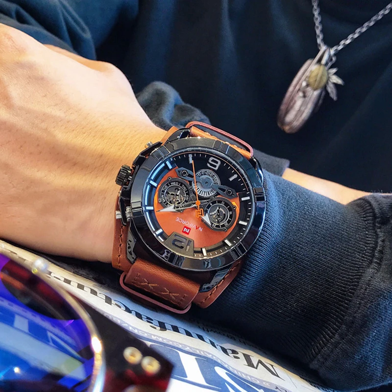 Часы NAVIFORCE мужские черные спортивные модные деловые кожаные водонепроницаемые
