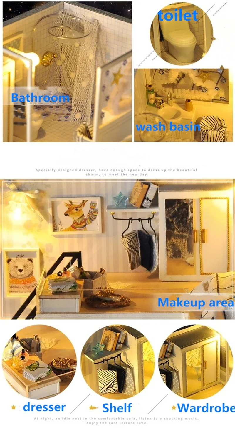 Сборный DIY игрушечный деревянный дом, деревянный миниатюрный кукольный домик, миниатюрные кукольные домики, игрушки с мебели, светодиодный светильник, подарок на день рождения