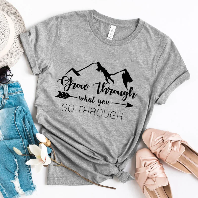Grow Through What You Go T-shirt Summer Graphic Inspirational Camping Tees Tops Men Women Aesthetic Tumblr Travel Tshirt | Женская