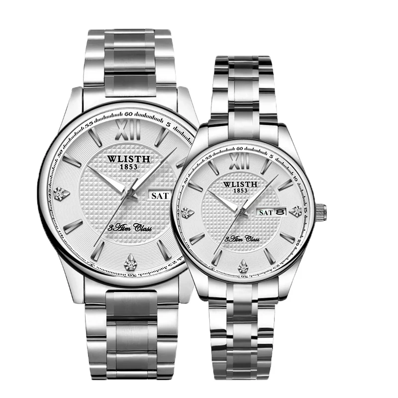 Steel Silver White Пара Наручные часы Высокое качество Топ Марка wlisth Бизнес часы для Для мужчин час Для женщин часы с двойным календарем женские часы для влюбленных - Цвет: Steel Silver White