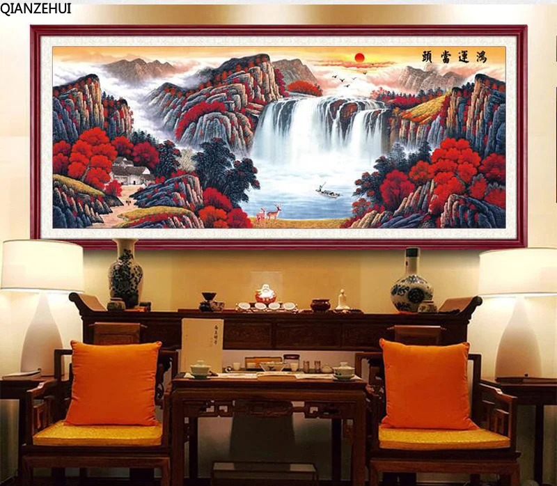 QIANZEHUI Needlework 100% precision printing Red landscape waters Cross stitch Rich tree full embroidery Wall Home Decro | Дом и сад