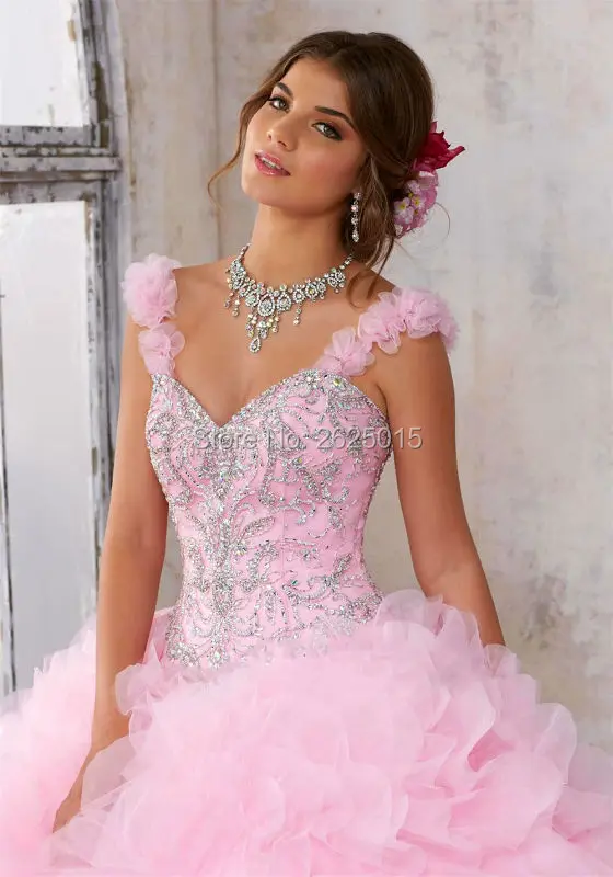 Пухлые Бисером Бальное платье Aqua Розовый Оборками Из Органзы Quinceanera Платья 2017