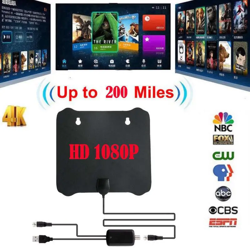 Цифровая ТВ антенна LumiParty 200 миль для помещений тонкая плоская HD TV 1080P 4K D Sky Link